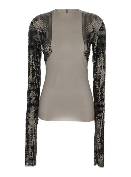  릭 오웬스 긴팔 티셔츠 데니스 크롭 티셔츠 (긴 스팽글 소매, 회색)