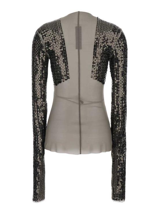  릭 오웬스 긴팔 티셔츠 데니스 크롭 티셔츠 (긴 스팽글 소매, 회색) - RICK OWENS