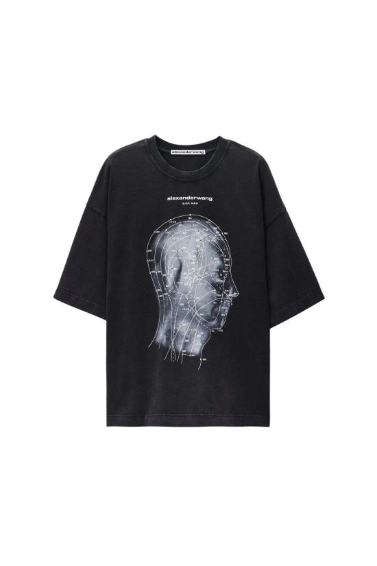  알렉산더 왕 반팔 티셔츠 동양 의학 그래픽 , 워싱 블랙