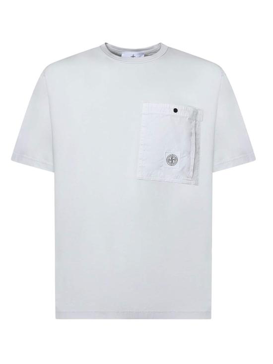  스톤 아일랜드 탑 코튼 저지 티셔츠 (가슴 포켓 포함, 스카이 블루)