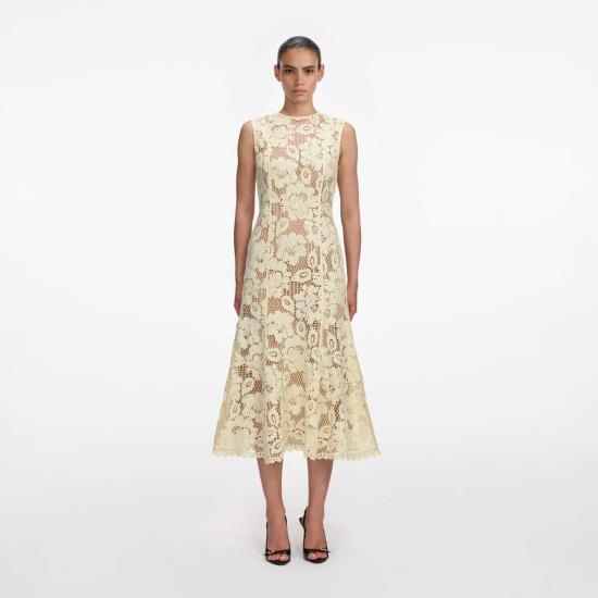  셀프 포트레이트 미디 원피스 크로셰 레이스 미디 드레스 옐로우