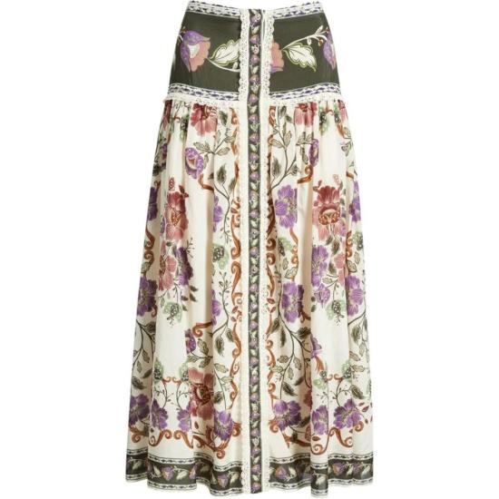  팜 리오 미디 스커트 레이스 버튼  로코코 플라워 크림