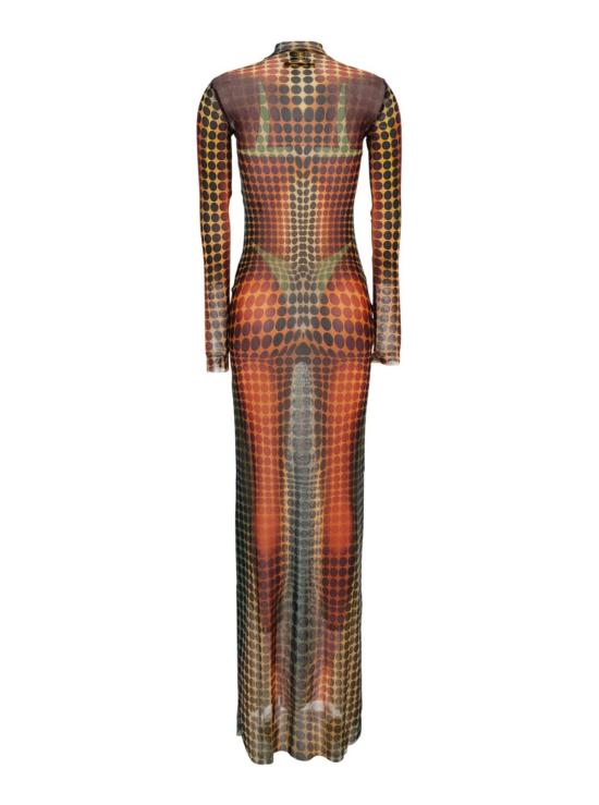  장 폴 고티에 롱 원피스 롱 드레스, 하이넥 디자인에 테크니컬 패브릭 소재, 멀티컬러 프린트 - JEAN PAUL GAULTIER