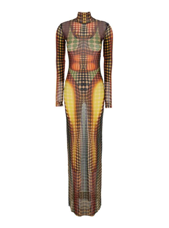  장 폴 고티에 롱 원피스 롱 드레스, 하이넥 디자인에 테크니컬 패브릭 소재, 멀티컬러 프린트