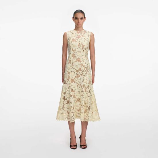  셀프 포트레이트 미디 원피스 크로셰 레이스 미디 드레스 옐로우