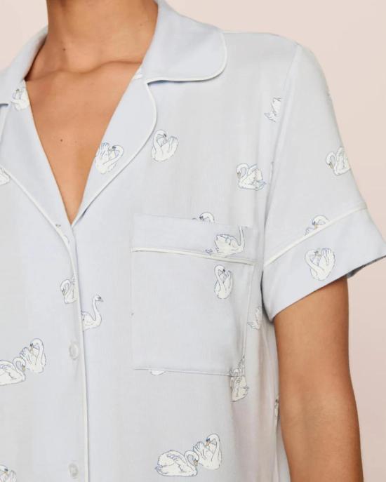  에버제이 라운지 웨어 지젤 프린트 릴렉스 잠옷 반바지 세트 아이스 블루/아이보리 - EBERJEY