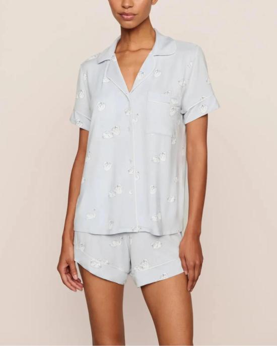  에버제이 라운지 웨어 지젤 프린트 릴렉스 잠옷 반바지 세트 아이스 블루/아이보리