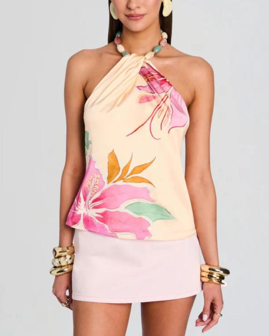  레트로페테 블라우스 밀라니 장식 탑 아이보리 히비스커스 플로럴