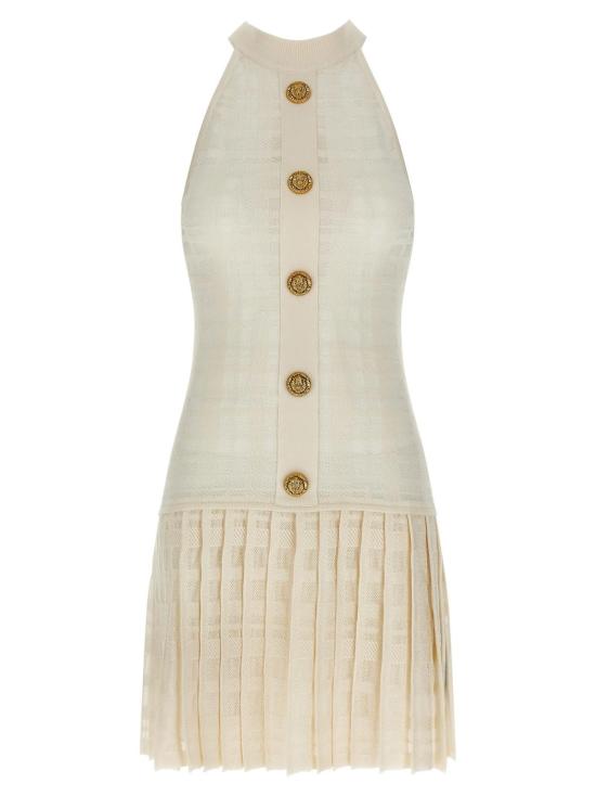  발망 숏 원피스 타탄 니트 미니 드레스 화이트