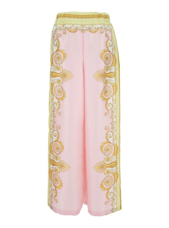  베르사체 스트레이트 팬츠 멀티컬러 실크 팬츠, 신축성 있는 허리 밴드와 전체적으로 기하학적 프린트