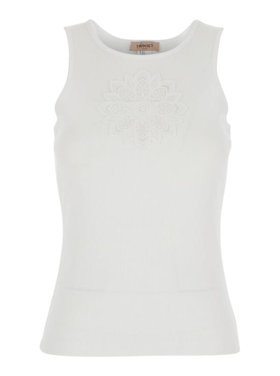  트윈셋 민소매 티셔츠 톤온톤 플로럴 자수 장식이 있는 민소매 상의 (화이트)