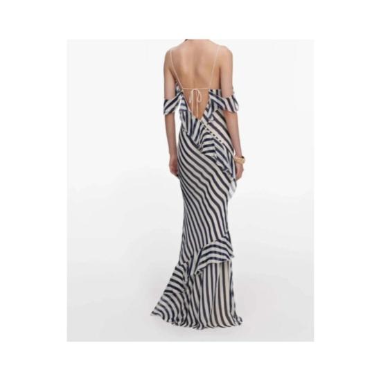  셀프 포트레이트 롱 원피스 네이비 스트라이프 조젯 맥시 드레스 - SELF PORTRAIT