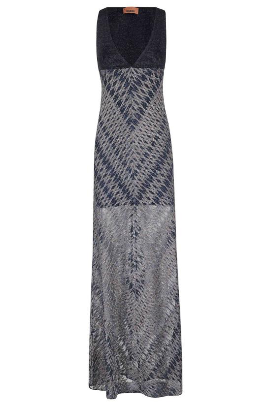  미소니 롱 원피스 미쏘니 민소매 롱 지그재그 드레스 블루