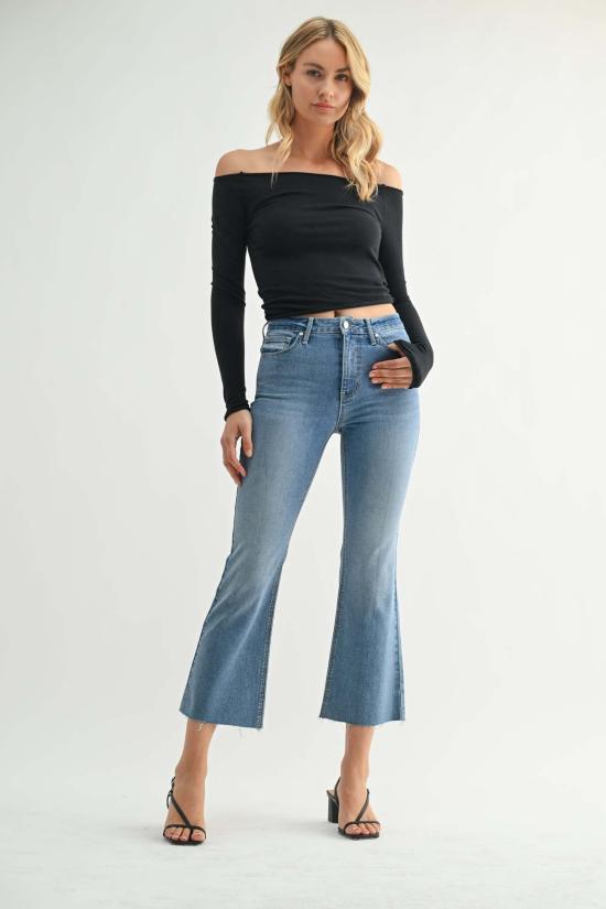  저스트 블랙 데님 데님 팬츠 하이라이즈 크롭 플레어 진 미디엄 데님 - JUST BLACK DENIM