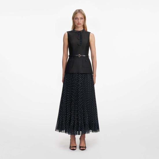  셀프 포트레이트 미디 원피스 타프타 폴카 도트 미디 드레스 블랙