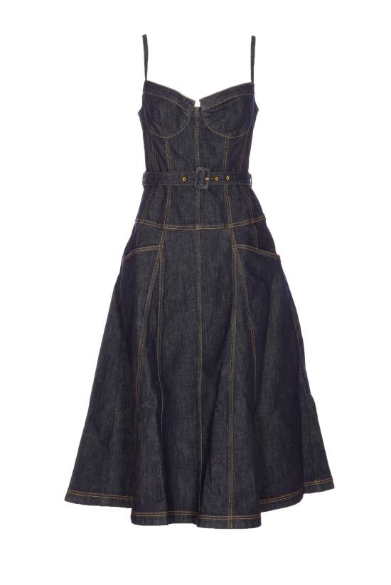  셀프 포트레이트 미디 원피스 데님 플레어 미디 드레스 블루