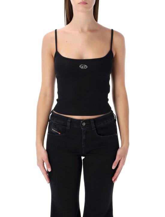  디젤 블라우스 메탈릭 타원형 D 로고가 있는 골지 스트레치 코튼 탑 (블랙)