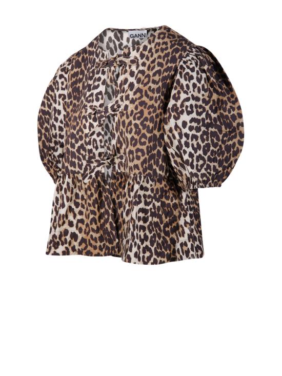 26SS 가니 레오파드 코튼 포플린 페플럼 타이 블라우스 F9116 943 LEOPARD - GANNI