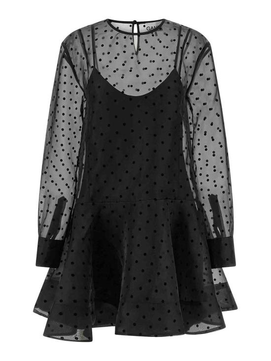 26SS 가니 오간자 서클 칼라 폴카 도트 미니 드레스 A1030179099 Black - GANNI