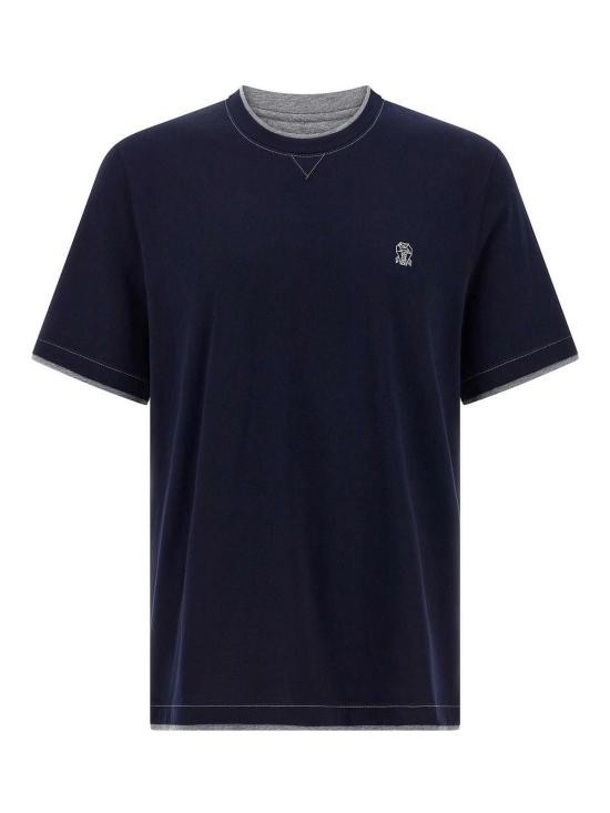 26SS 브루넬로 쿠치넬리 레이어링 코튼 저지 크루넥 티셔츠 M0B137451GCD325 Blue