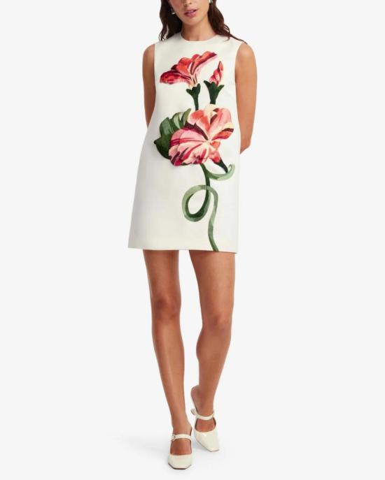  레오 린 숏 원피스 이본느 아플리케 플로럴 미니 드레스, 바인 프린트 인 스노우 - LEO LIN