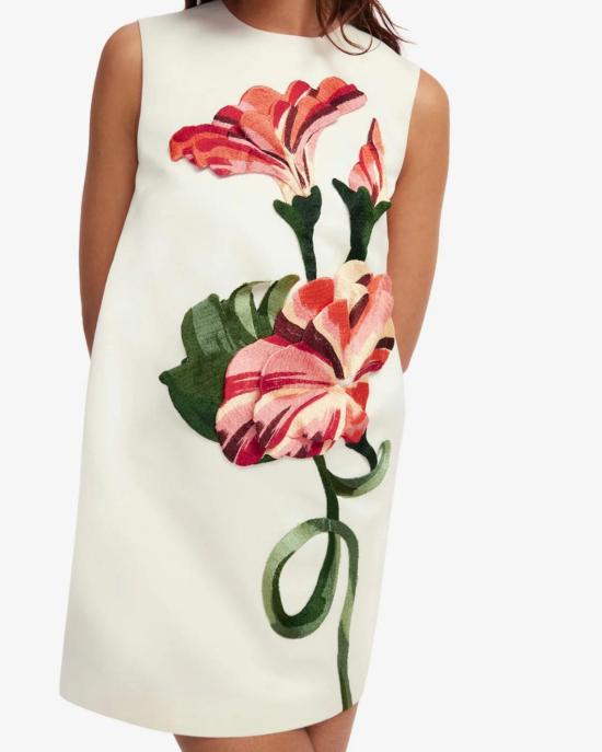  레오 린 숏 원피스 이본느 아플리케 플로럴 미니 드레스, 바인 프린트 인 스노우 - LEO LIN