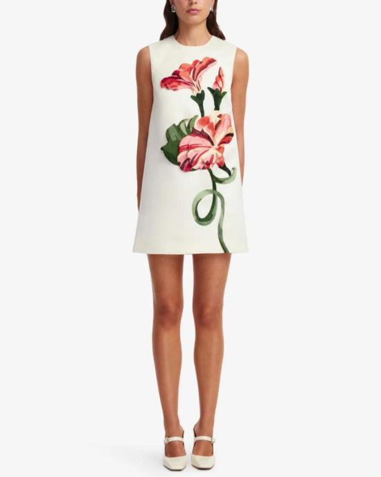  레오 린 숏 원피스 이본느 아플리케 플로럴 미니 드레스, 바인 프린트 인 스노우 - LEO LIN