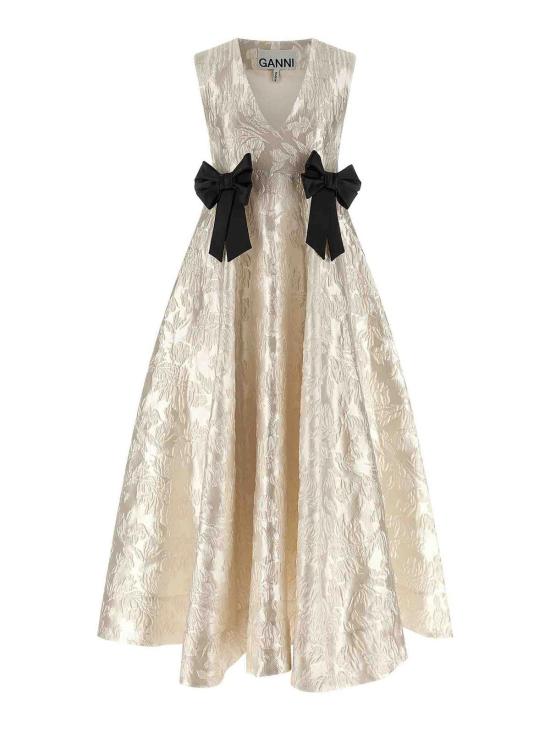 26SS 가니 새틴 클로케 보우 V넥 롱 드레스 A1030151135 White