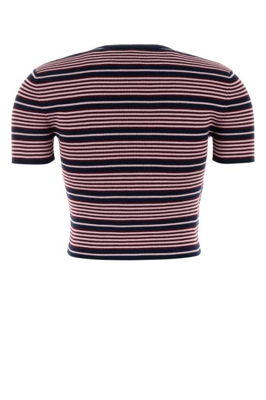  프라다 반팔 티셔츠 자수 코튼 블렌드 티셔츠 네이비/페탈로 - PRADA