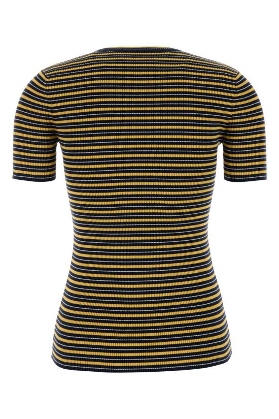  프라다 반팔 티셔츠 자수 스트레치 코튼 티셔츠 네이비/지알로 - PRADA