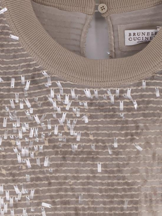  브루넬로 쿠치넬리 블라우스 실크 탑, 스팽글 장식, 실버 베이지 - BRUNELLO CUCINELLI