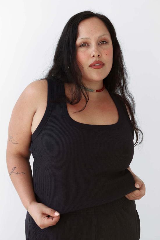  노블 민소매 티셔츠 와플 스퀘어 크롭 탱크 애쉬