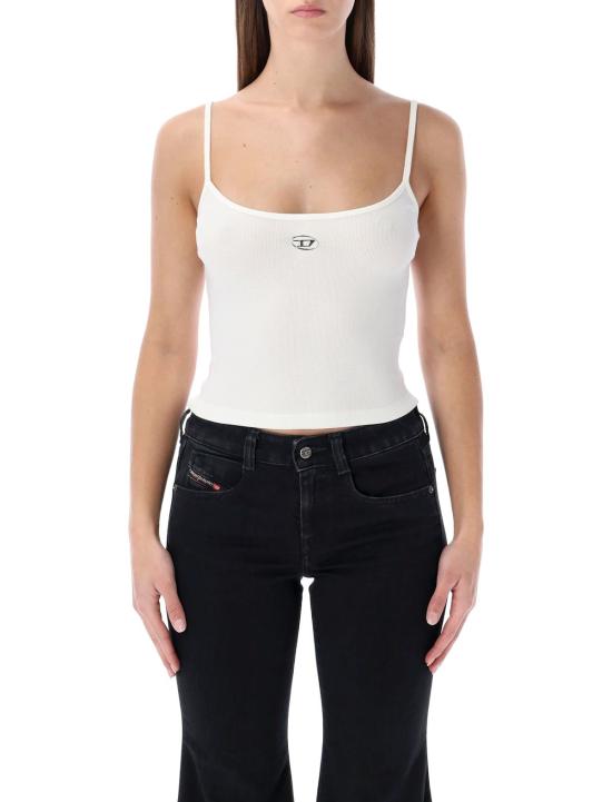  디젤 민소매 티셔츠 메탈릭 타원형 D 로고가 있는 골지 스트레치 코튼  (화이트)