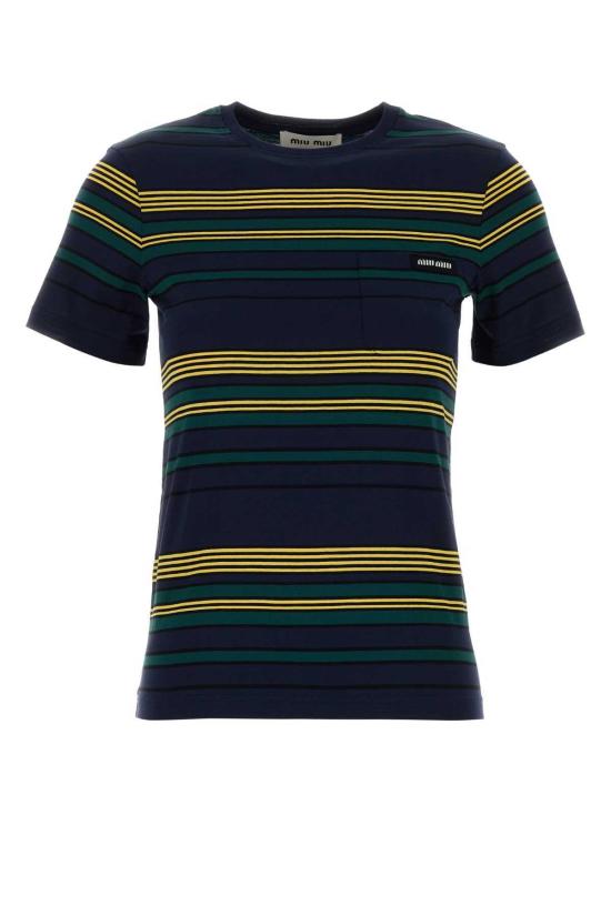  미우미우 반팔 티셔츠 자수 코튼 티셔츠 블루보티글리아