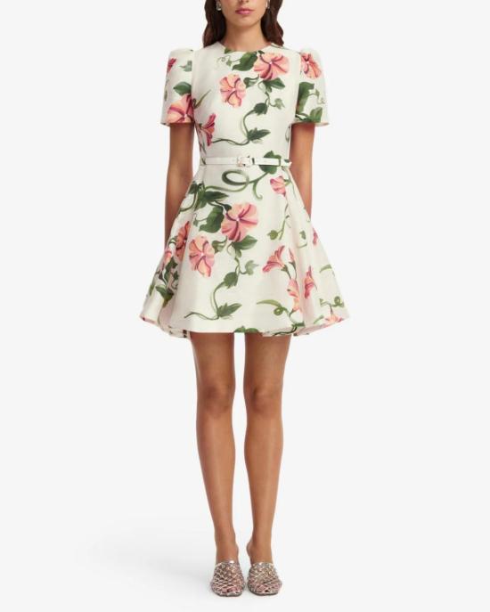  레오 린 숏 원피스 엘리스 반팔 미니 드레스, 눈꽃 무늬 덩굴 프린트 - LEO LIN