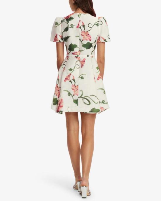  레오 린 숏 원피스 엘리스 반팔 미니 드레스, 눈꽃 무늬 덩굴 프린트 - LEO LIN