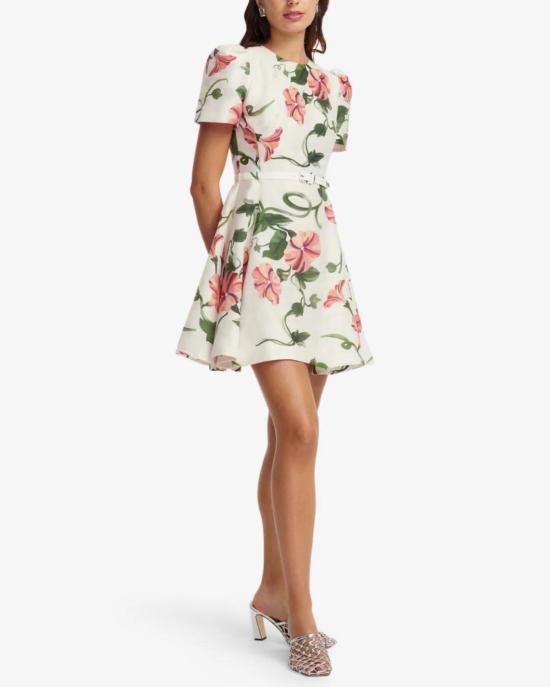  레오 린 숏 원피스 엘리스 반팔 미니 드레스, 눈꽃 무늬 덩굴 프린트 - LEO LIN