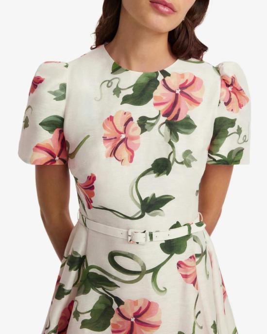  레오 린 숏 원피스 엘리스 반팔 미니 드레스, 눈꽃 무늬 덩굴 프린트 - LEO LIN