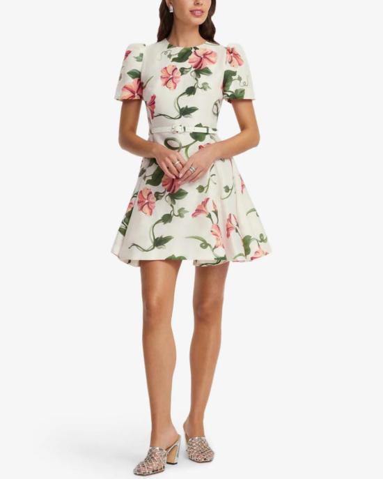  레오 린 숏 원피스 엘리스 반팔 미니 드레스, 눈꽃 무늬 덩굴 프린트 - LEO LIN