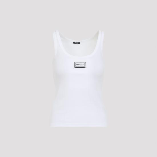 26SS 베르사체 로고 패피 리브드 스트레치 코튼 탱크탑 1023210 1A172221W000 WHITE - VERSACE