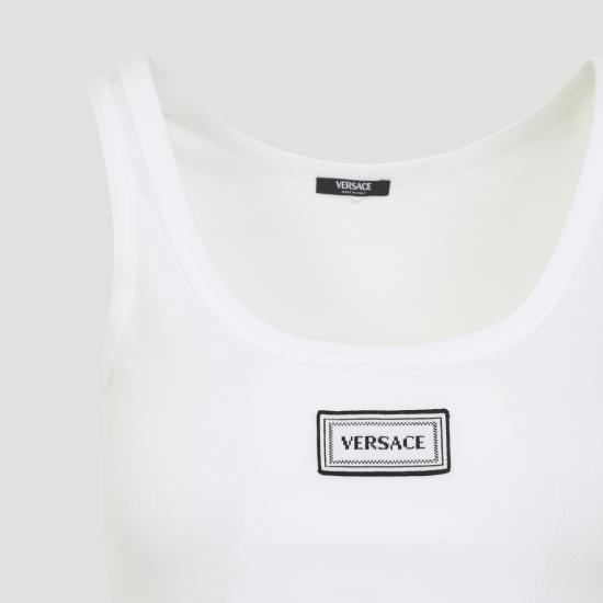 26SS 베르사체 로고 패피 리브드 스트레치 코튼 탱크탑 1023210 1A172221W000 WHITE - VERSACE