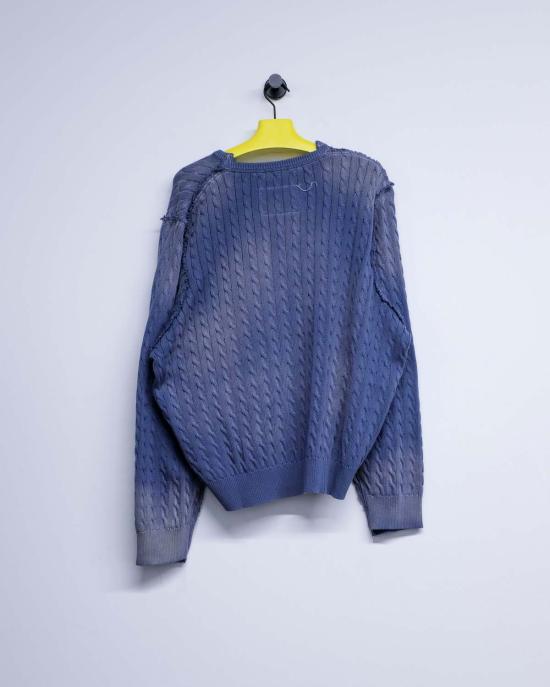  카미엘 포트젠스 스웨터 Camiel Fortgens 페트롤 코튼 프랑켄슈타인 케이블 V 넥 - CAMIEL FORTGENS