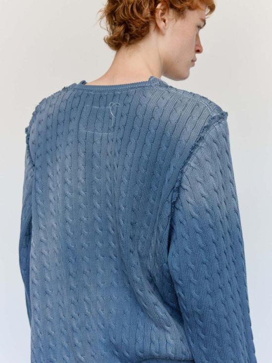  카미엘 포트젠스 스웨터 Camiel Fortgens 페트롤 코튼 프랑켄슈타인 케이블 V 넥 - CAMIEL FORTGENS