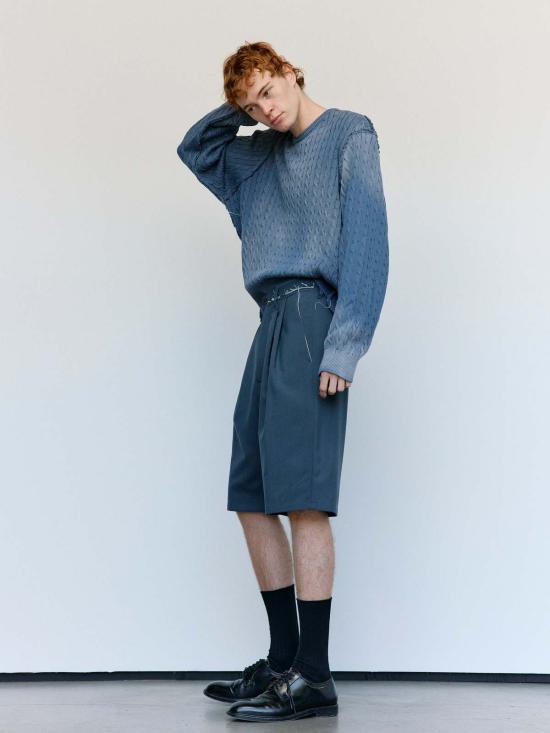  카미엘 포트젠스 스웨터 Camiel Fortgens 페트롤 코튼 프랑켄슈타인 케이블 V 넥 - CAMIEL FORTGENS