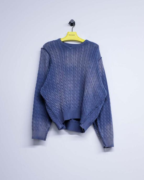  카미엘 포트젠스 스웨터 Camiel Fortgens 페트롤 코튼 프랑켄슈타인 케이블 V 넥 - CAMIEL FORTGENS