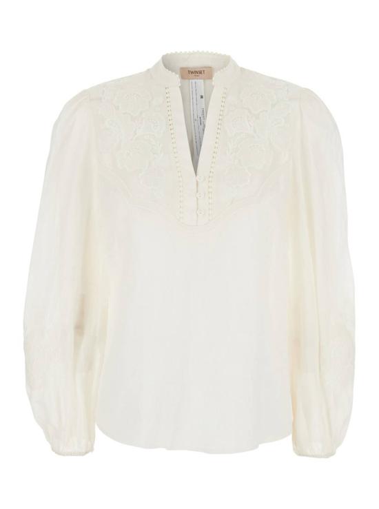  트윈셋 블라우스 브이넥 자수  화이트