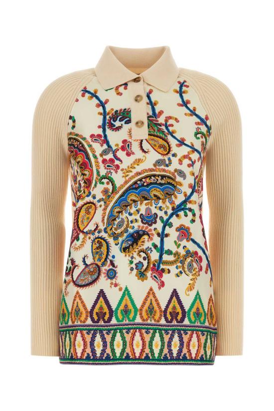  에트로 반팔 티셔츠 아이보리 니트 및 실크 폴로 셔츠