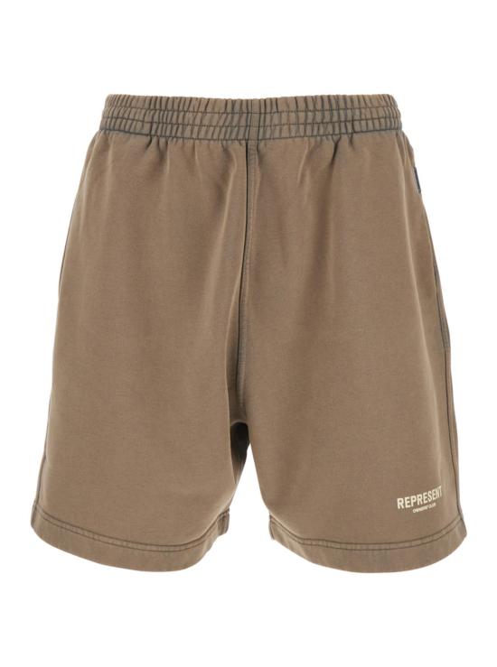  리프레젠트 숏팬츠 로고가 새겨진 신축성 있는 허리밴드 면 반바지 (갈색)