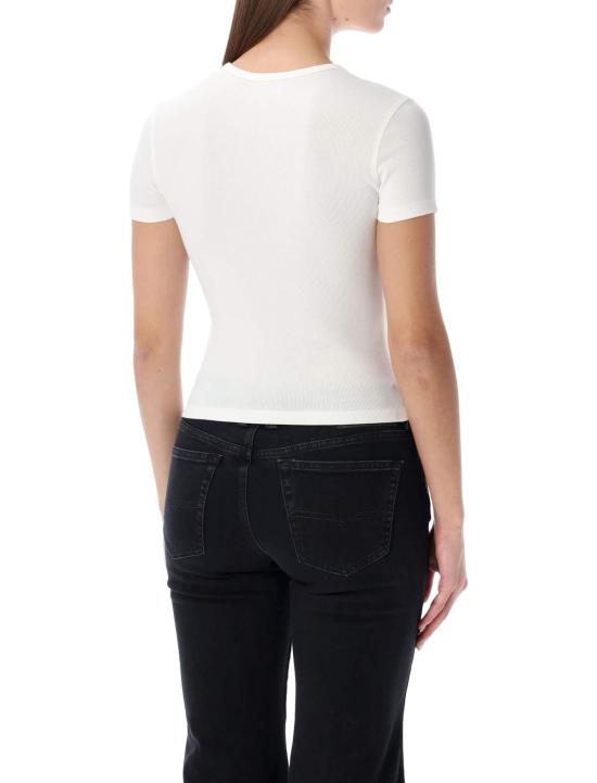  디젤 반팔 티셔츠 슬림핏 스트레치 코튼 티셔츠 (메탈릭 타원형 D 로고, 화이트) - DIESEL