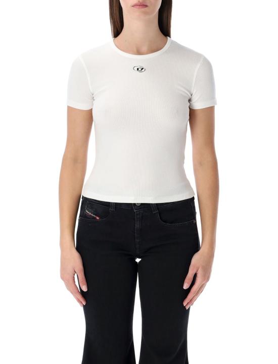  디젤 반팔 티셔츠 슬림핏 스트레치 코튼 티셔츠 (메탈릭 타원형 D 로고, 화이트)